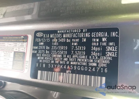 2016 Kia Sorento 3.3L Sxl from USA, damaged, VIN 5XYPK4A59GG024716